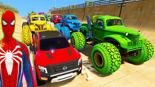 SPIDERMAN CARS Monster Trucks Mega Rampa Challenge  SUPERHERO HULK Iron Man Goku Racing  GTA V [upl. by Skilken]