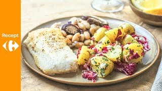 Zeewolf met witte boontjes en aardappelsalade met radicchio [upl. by Haimes]