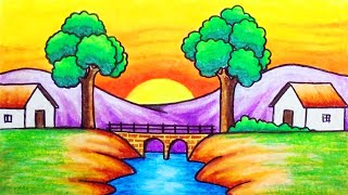 Scenery Drawing  How to Draw Beautiful Sunset in the Village Scenery with Oil Pastel [upl. by Aliak399]