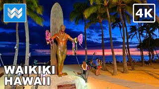 4K Waikiki Beach at Night in Honolulu Hawaii USA Walking Tour amp Travel Vacation Guide Kalakaua [upl. by Euqinay]