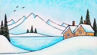 How to Draw Beautiful Winter Season  Easy Scenery Drawing [upl. by Bertie]