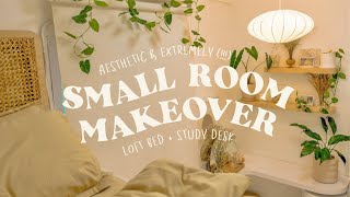 aesthetic and extremely  small room makeover 🍃 • a 4sqm bedroom with loft bed  desk decor [upl. by Lladnyk]