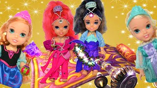 Elsa and Anna Toddlers meet Genies Shimmer and Shine Magic Carpet Ride Elsya and Annya  Dolls [upl. by Loutitia]