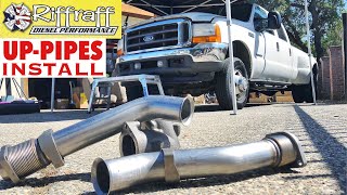 2001 F350 73  RiffRaff UpPipes Install  Stock up pipes leaking and falling apart JUNK SP [upl. by Emirej]