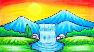 Drawing Waterfall at Sunset Scenery Step by Step with Oil Pastels [upl. by Neras]